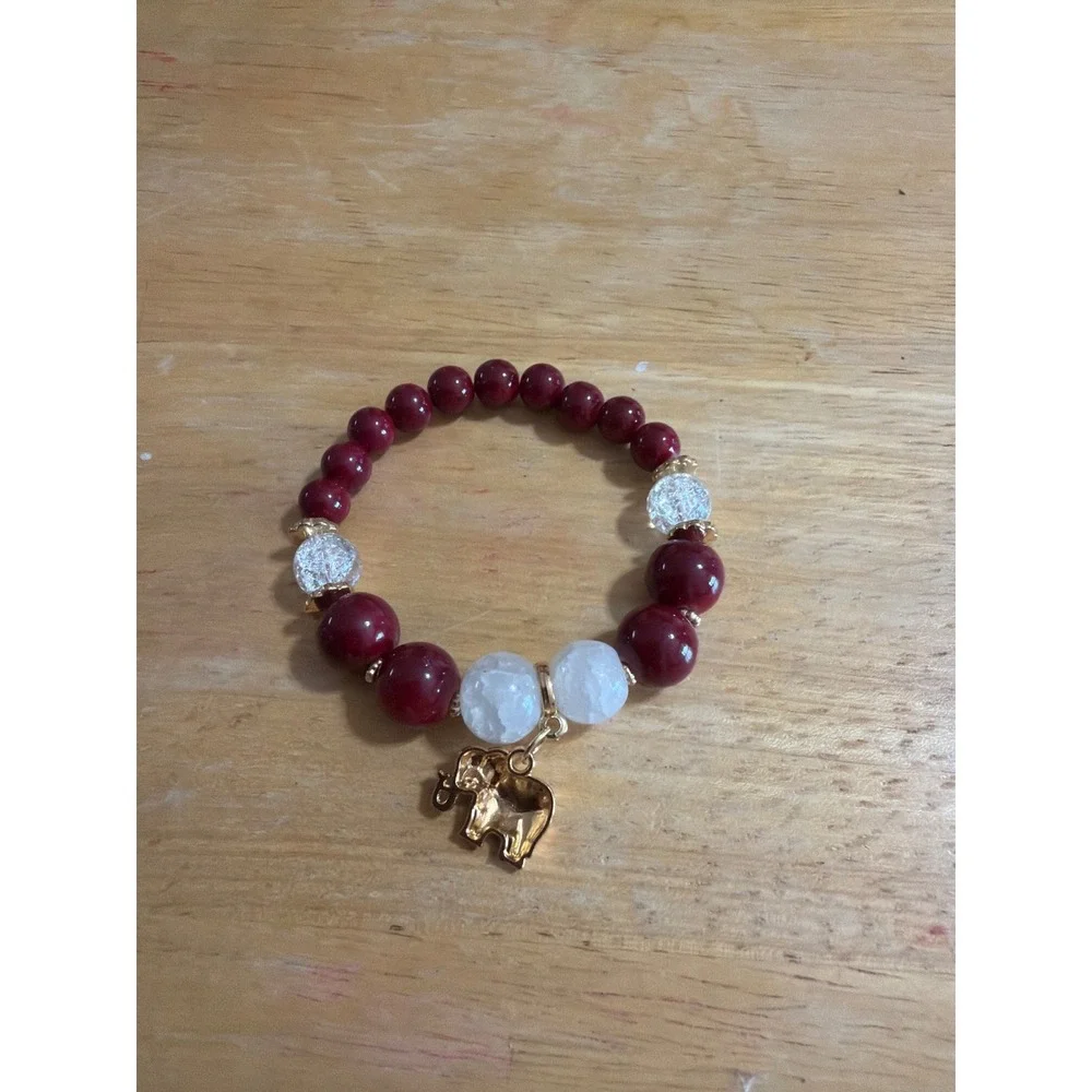 Red Beaded Elephant Charm Stretch Bracelet Gold Tone Boho Lucky Wisdom Novelty